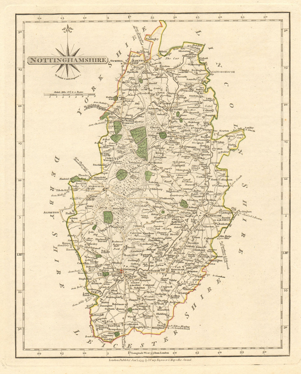 Antique county map of NOTTINGHAMSHIRE by JOHN CARY. Original outline colour 1793