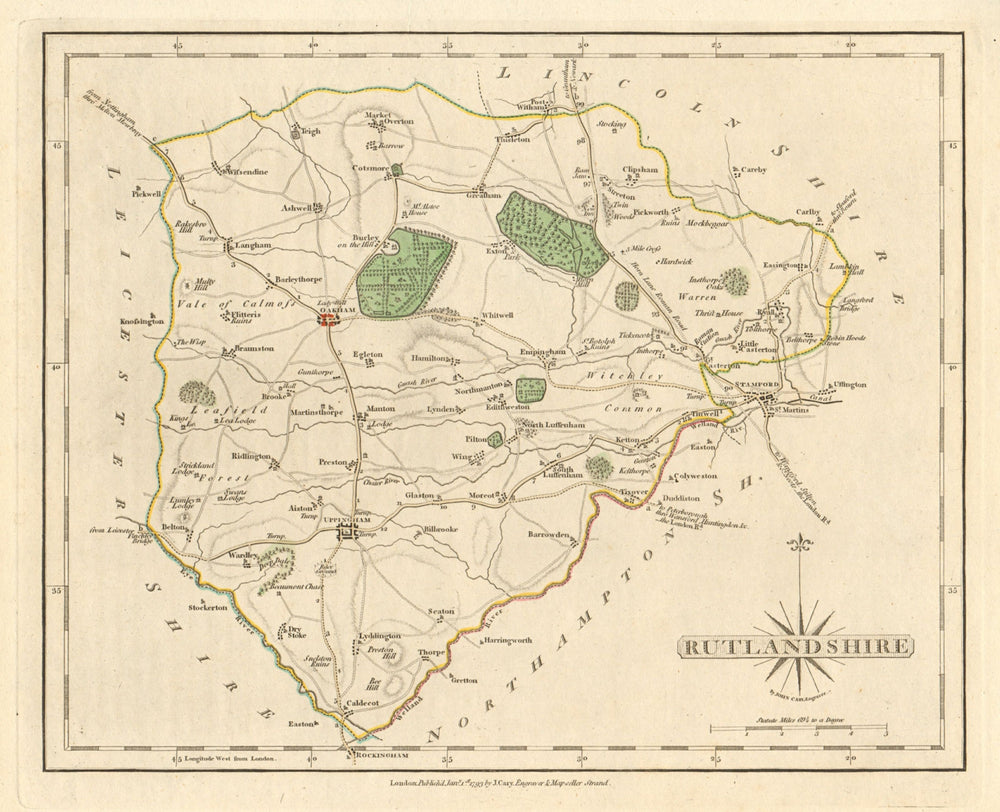 Antique county map of RUTLANDSHIRE by JOHN CARY. Original outline colour 1793