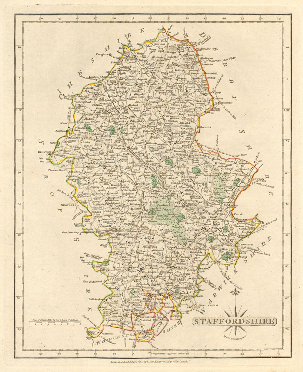 Antique county map of STAFFORDSHIRE by JOHN CARY. Original outline colour 1793