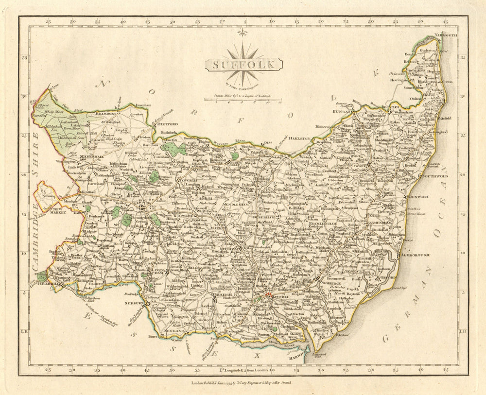 Antique county map of SUFFOLK by JOHN CARY. Original outline colour 1793