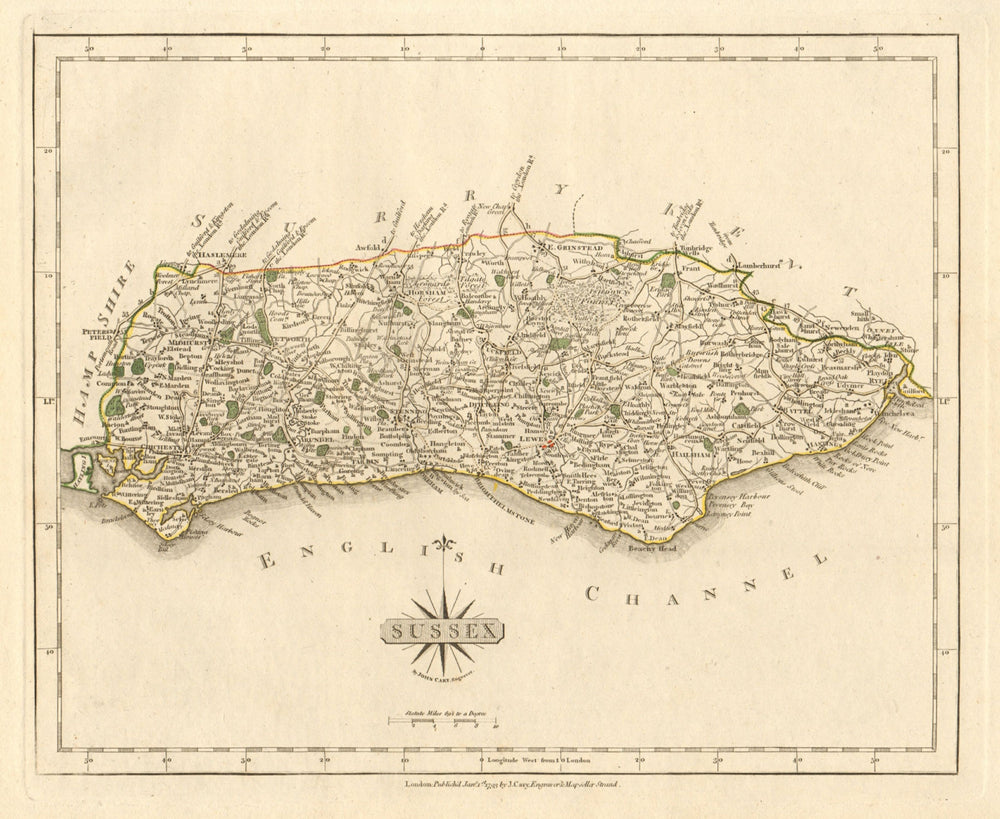 Antique county map of SUSSEX by JOHN CARY. Original outline colour 1793