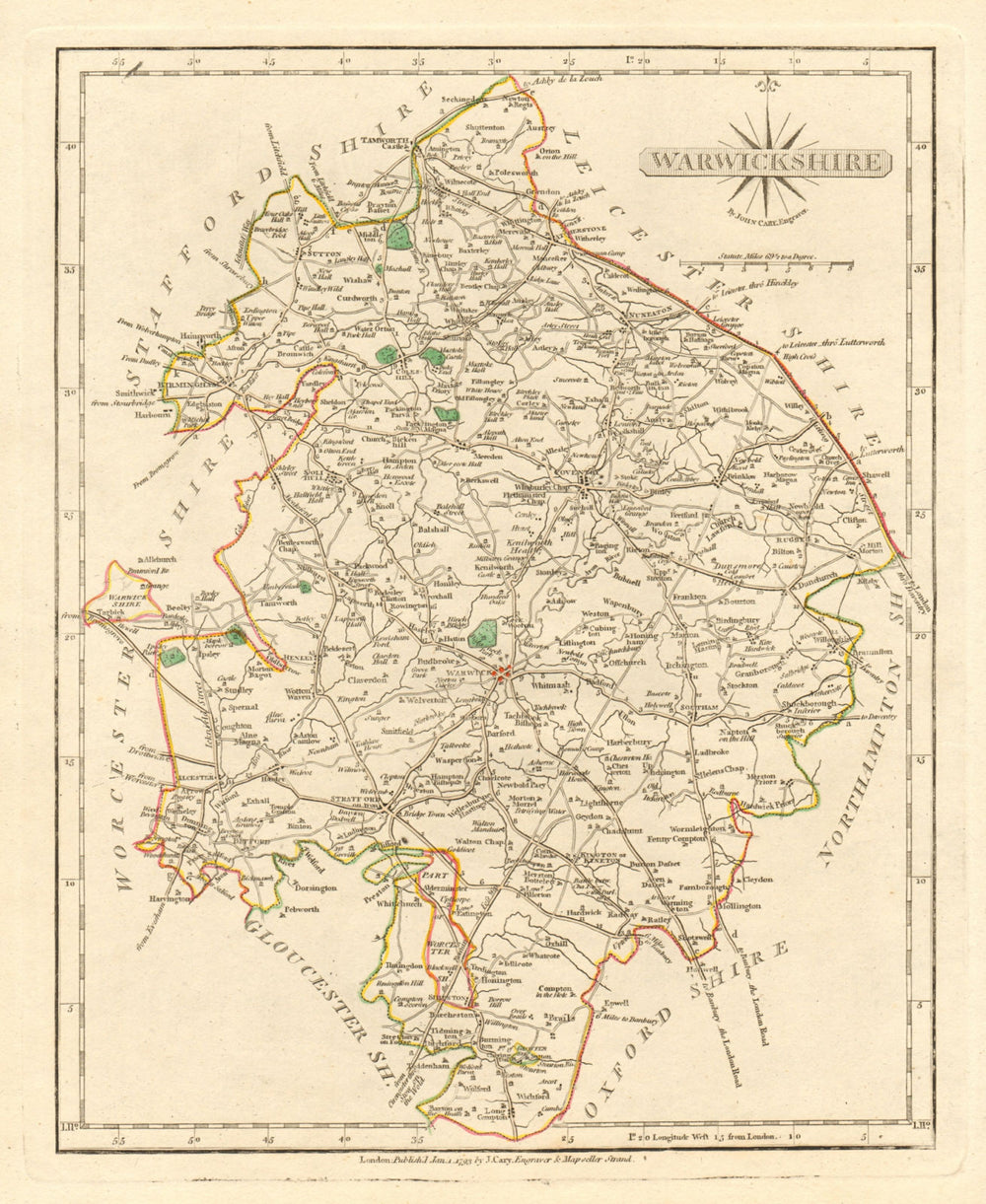 Antique county map of WARWICKSHIRE by JOHN CARY. Original outline colour 1793