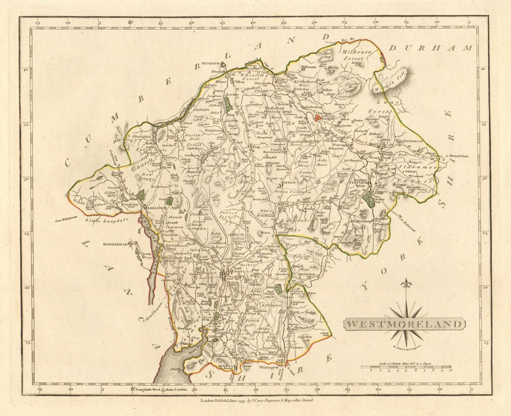 Antique county map of WESTMORLAND by JOHN CARY. Original outline colour 1793