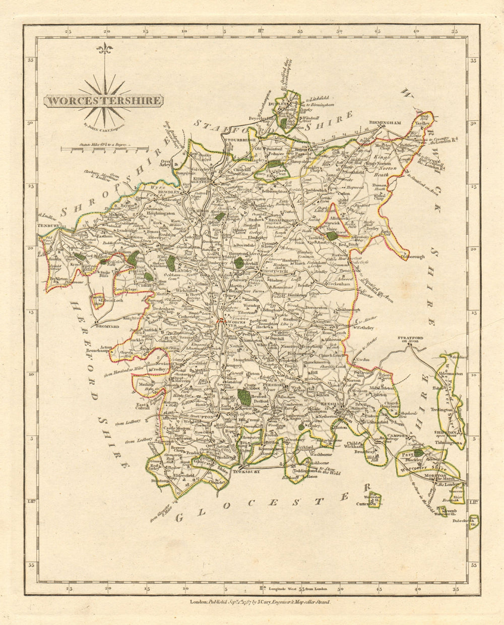 Antique county map of WORCESTERSHIRE by JOHN CARY. Original outline colour 1793