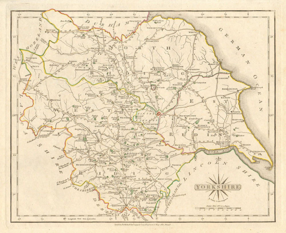 Antique county map of YORKSHIRE by JOHN CARY 1793 old plan chart