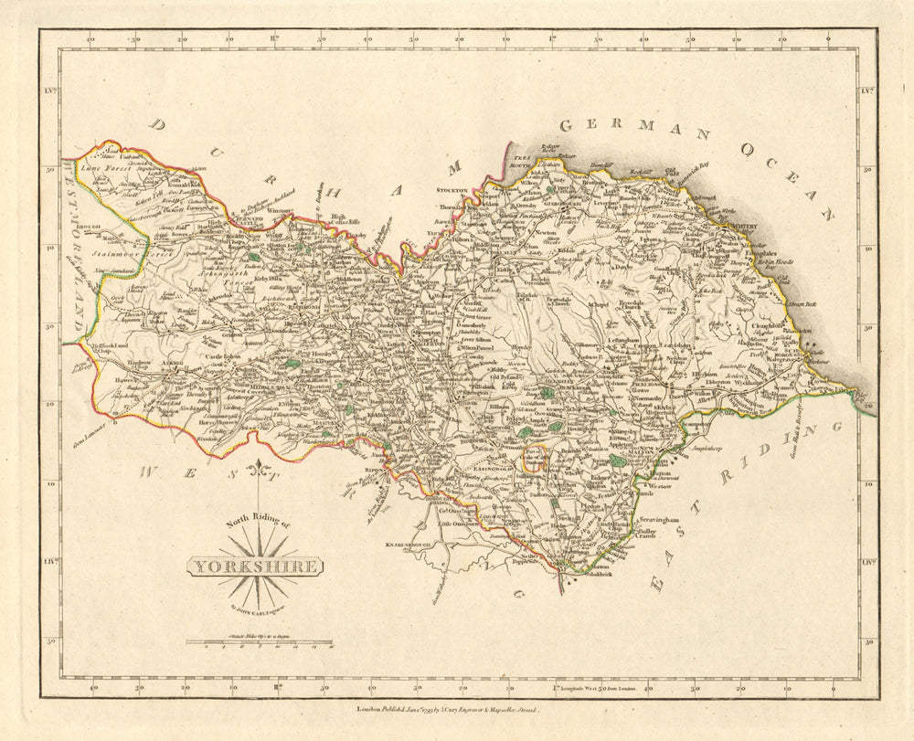 NORTH RIDING OF YORKSHIRE antique map by JOHN CARY. Original outline colour 1793