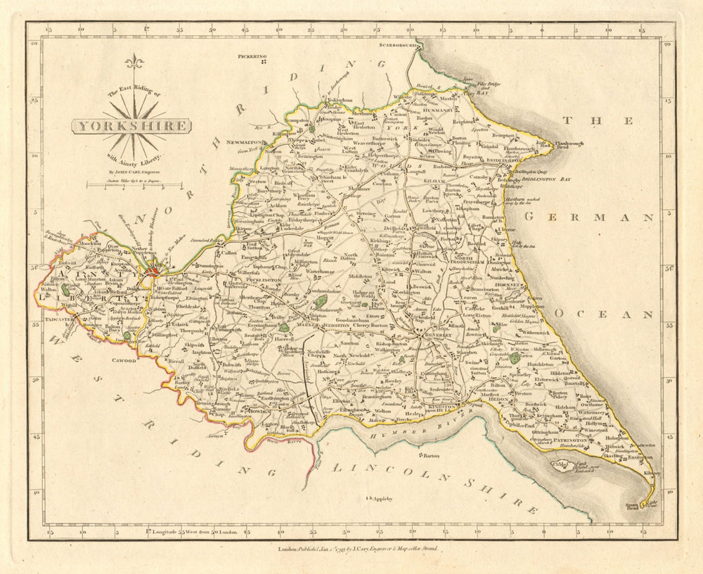 EAST RIDING OF YORKSHIRE antique map by JOHN CARY. Original outline colour 1793