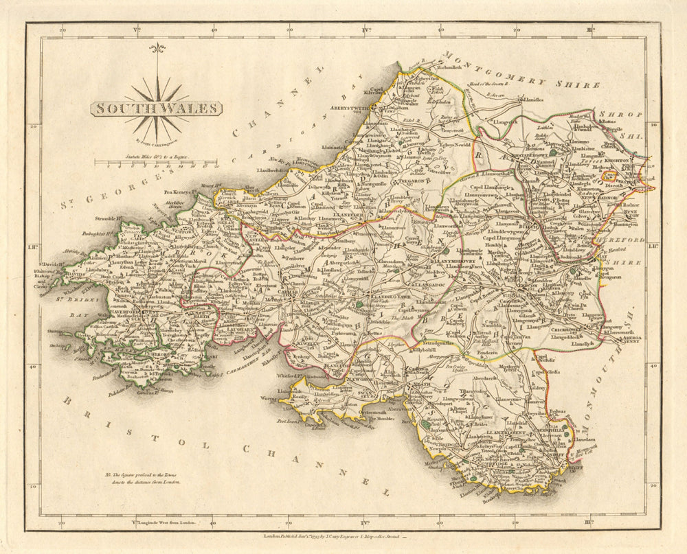 Antique map of SOUTH WALES by JOHN CARY. Original outline colour 1793 old