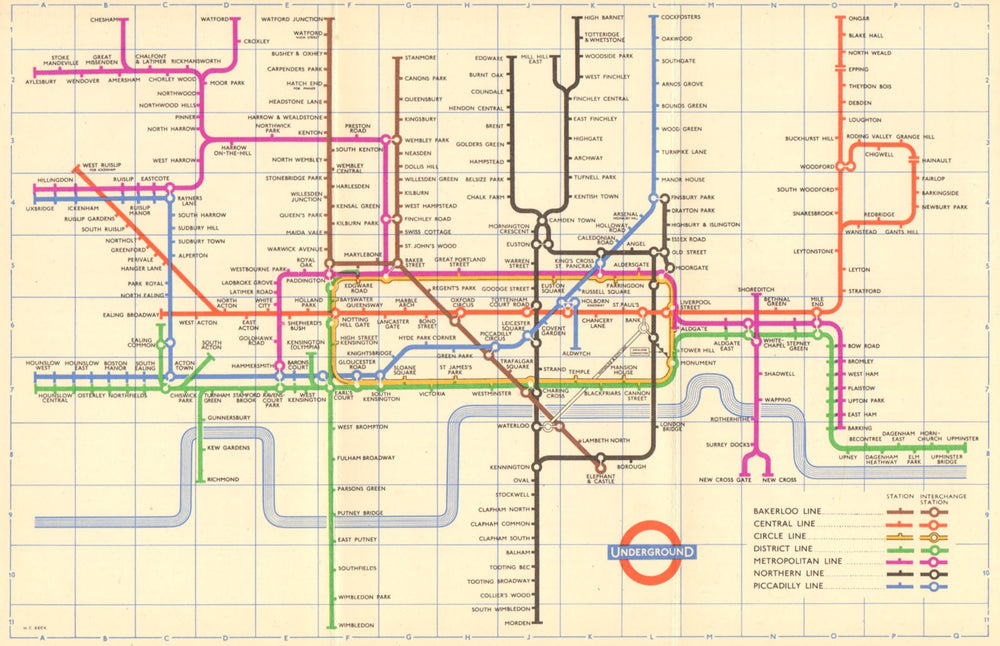 LONDON UNDERGROUND tube map plan. South Acton. Aylesbury. Ongar. HARRY BECK 1957