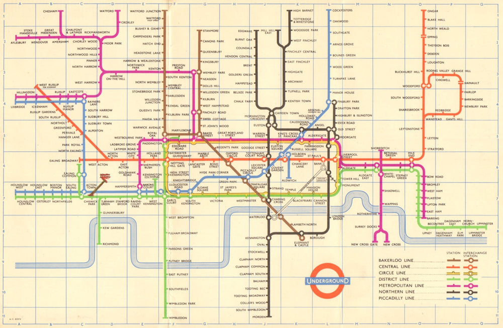 LONDON UNDERGROUND tube map plan. South Acton. Aylesbury. Ongar. HARRY BECK 1958