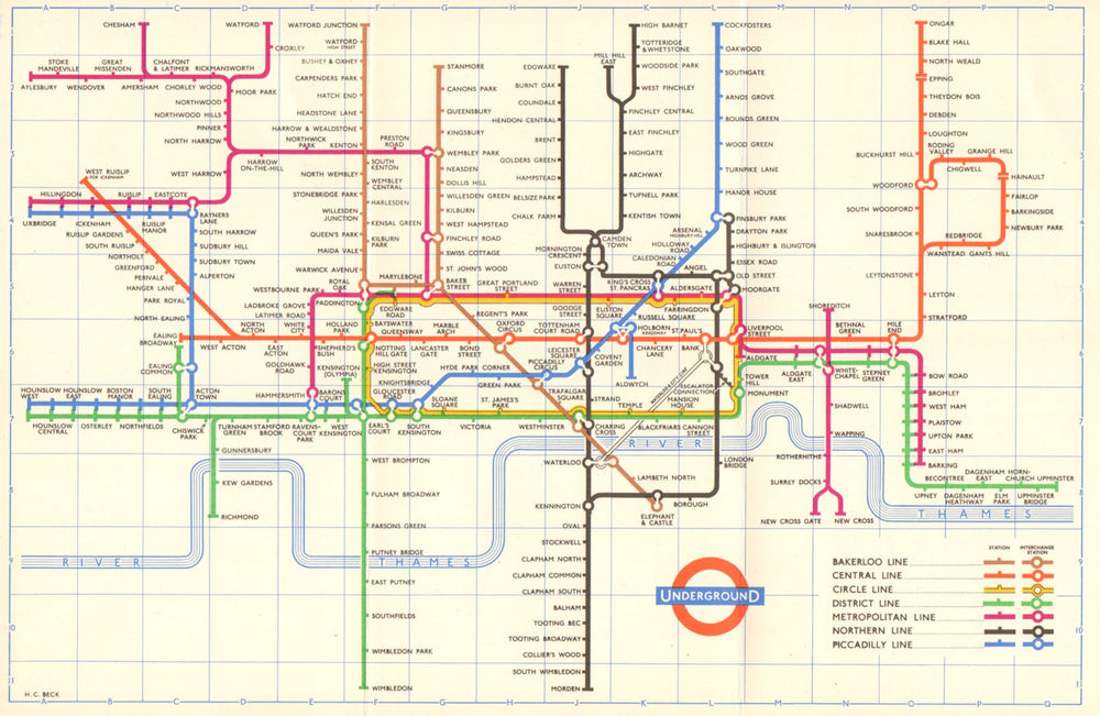 LONDON UNDERGROUND tube map diagram plan. No South Acton. Ongar. HARRY BECK 1959