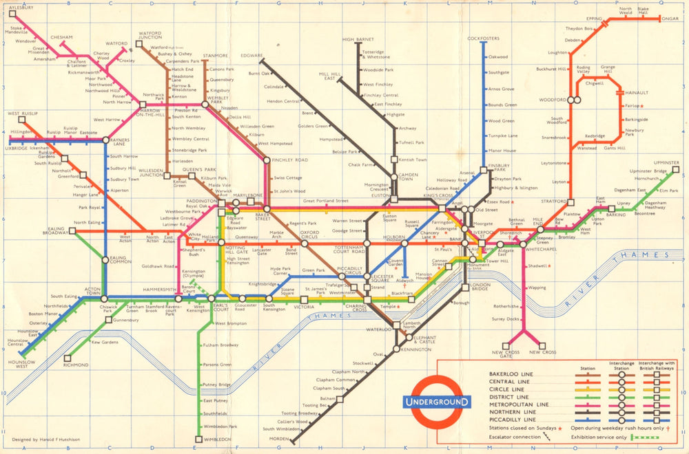 LONDON UNDERGROUND tube map plan. Ongar. Essex Rd. HUTCHISON 1961 old