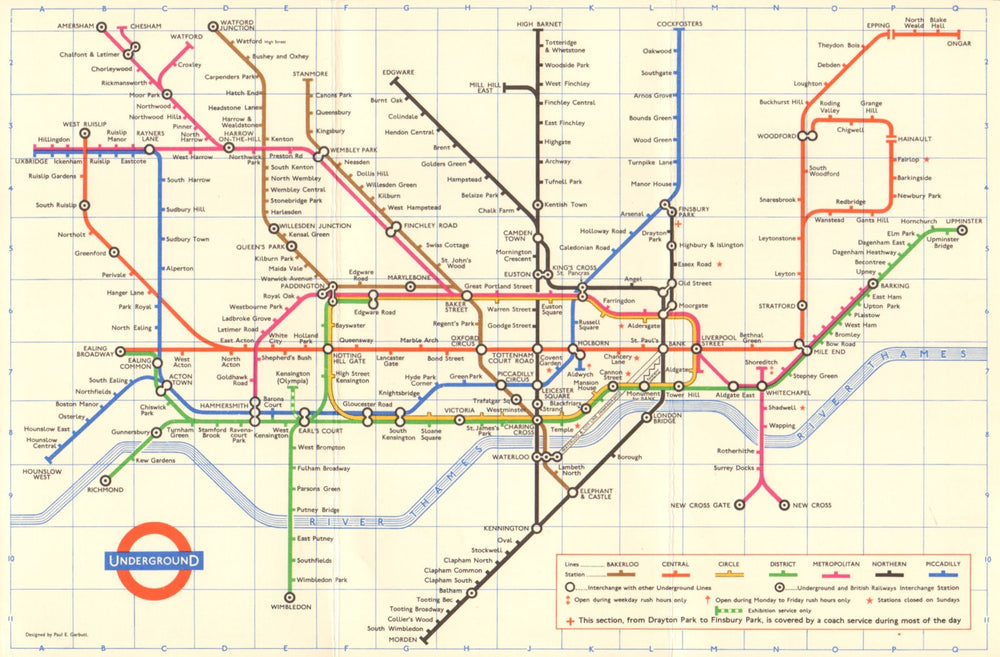 LONDON UNDERGROUND tube map plan. Ongar. Essex Rd. GARBUTT 1966 old