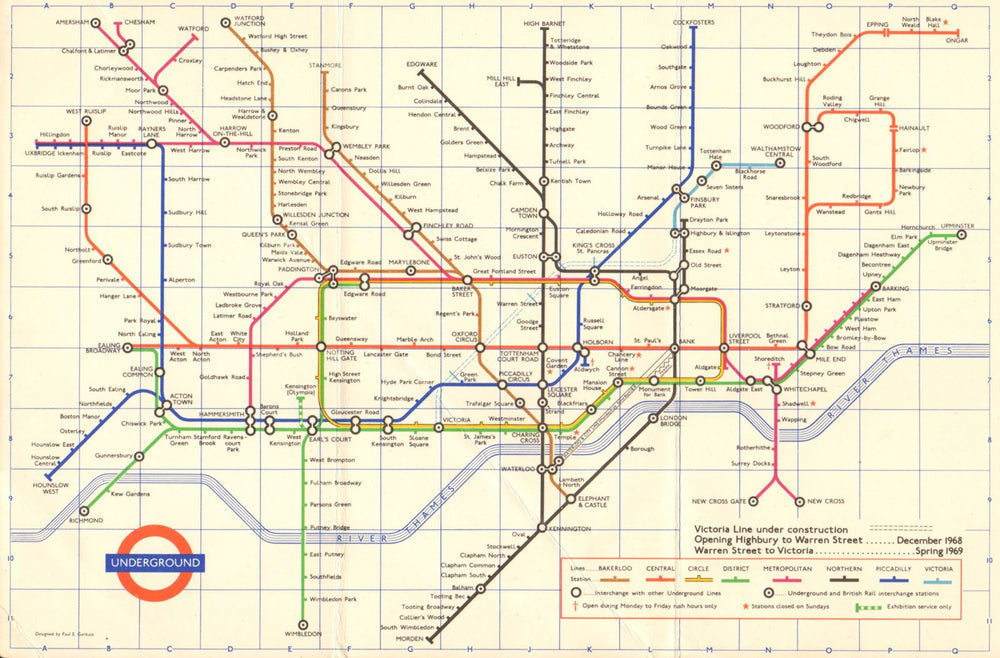 LONDON UNDERGROUND tube map plan. Victoria Line u/ construction. GARBUTT #2 1968
