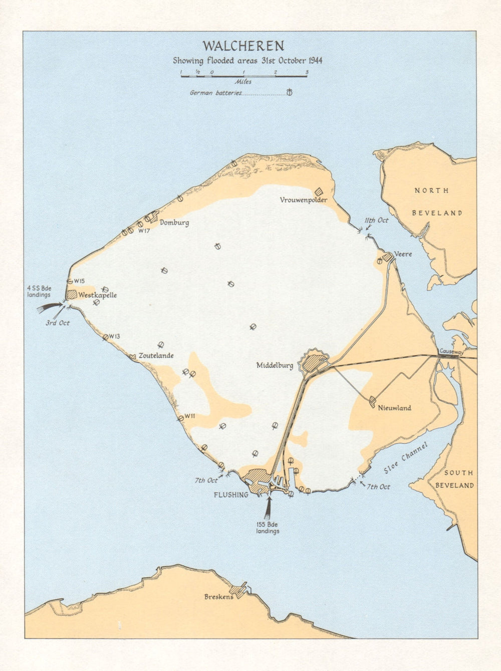 Walcheren showing flooded areas 31 October 1944 World War 2 Netherlands 1968 map