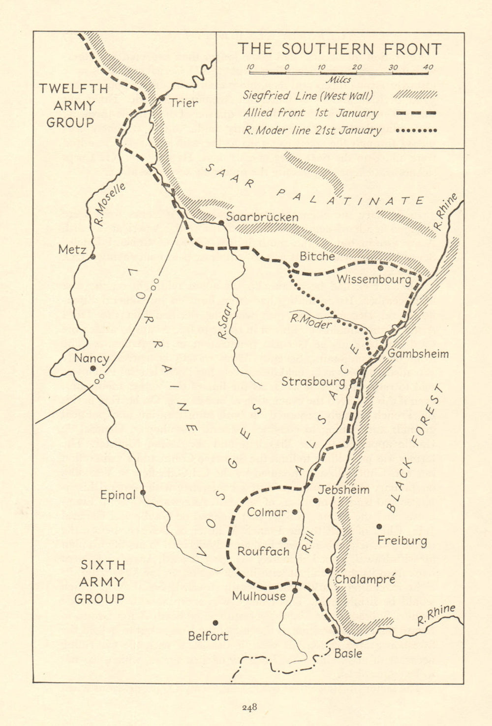 Allies advance on the Southern Front, January 1945. Alsace Lorraine WW2 1968 map