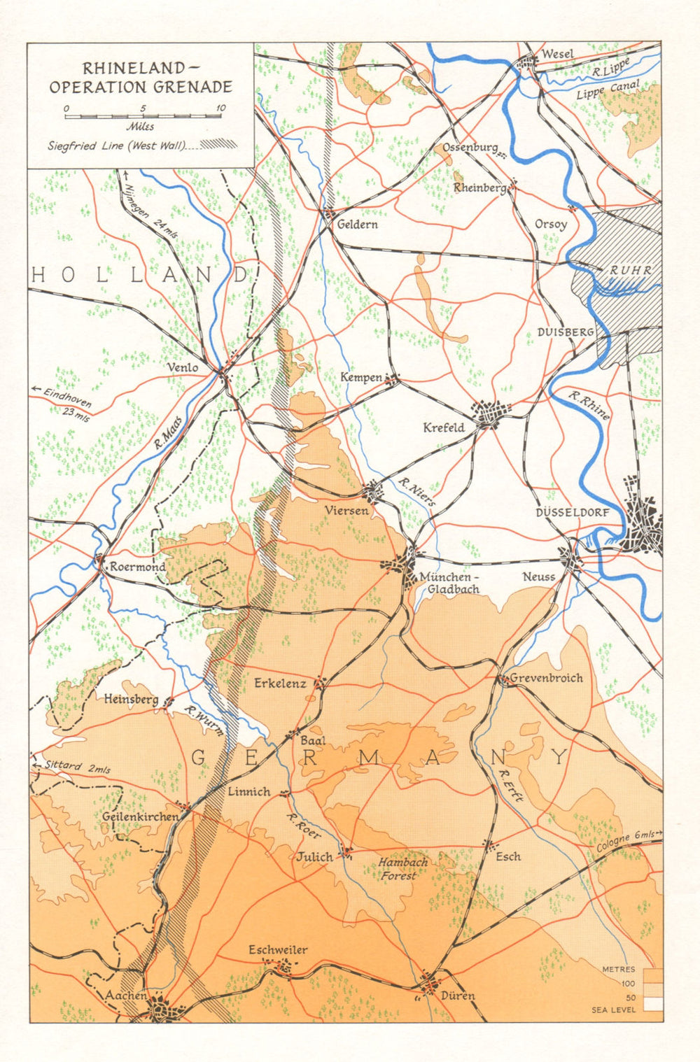 Operation Grenade. Roer river 1945 Roermond Düren US 9th Army Rhineland 1968 map