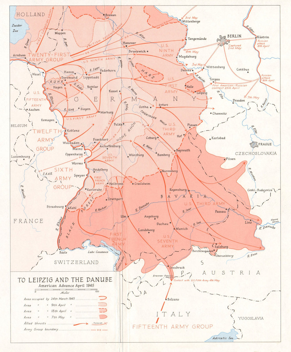 Allied invasion of Germany. Leipzig Danube. American Advance April 1945 1968 map