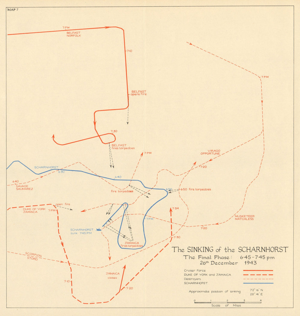 Sinking the Scharnhorst. 26 December 1943. Final phase 1954 old vintage map