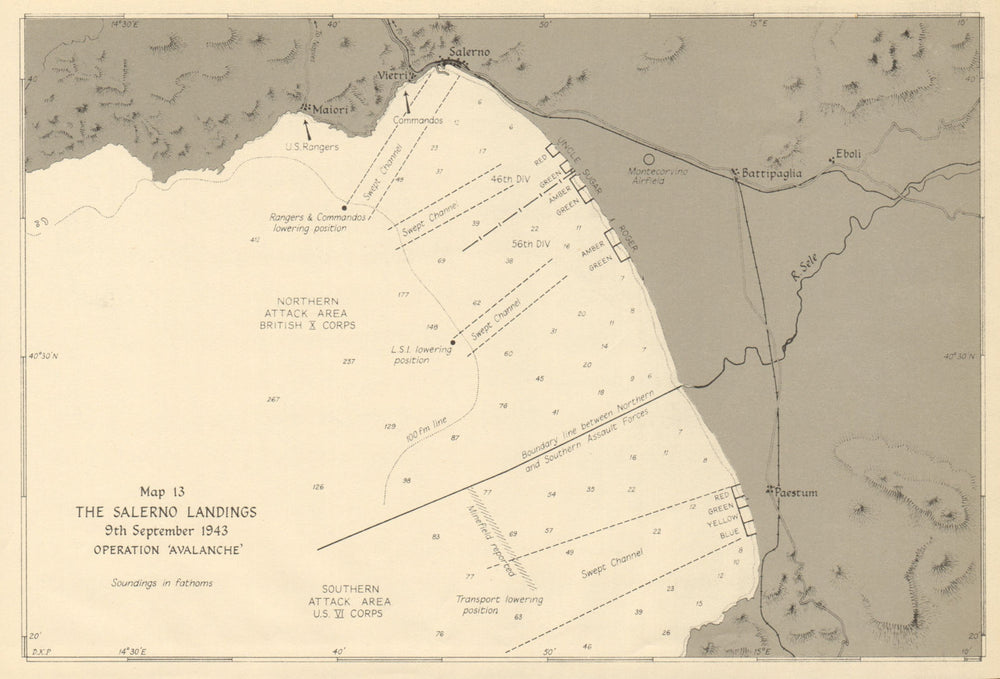 Salerno Landings. Operation Avalanche, 9th September 1943. World War 2 1954 map