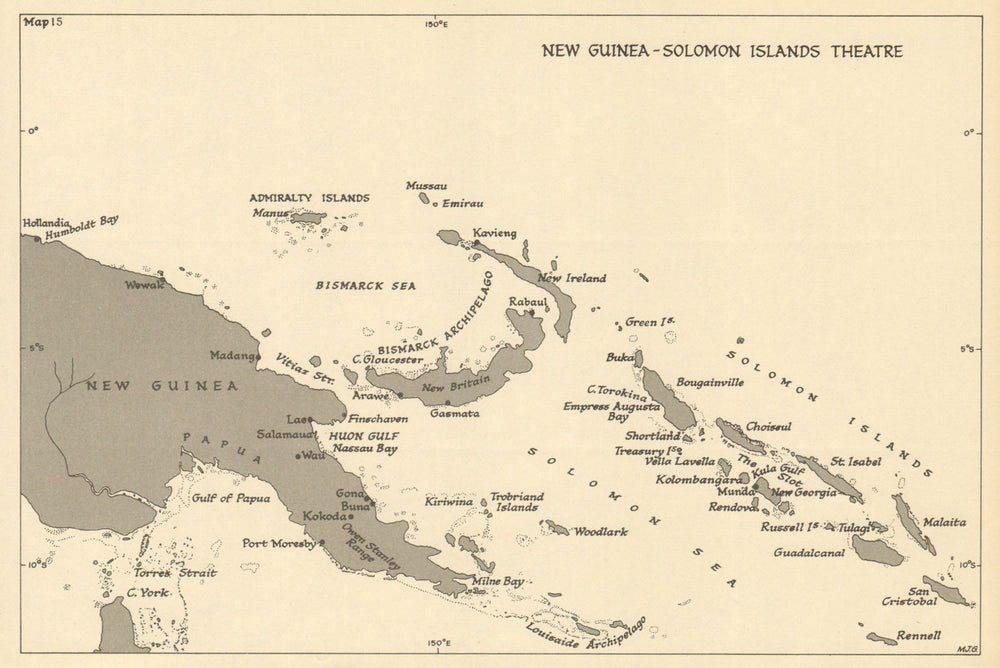 New Guinea & Solomon Islands Theatre. World War 2. Pacific 1954 old map