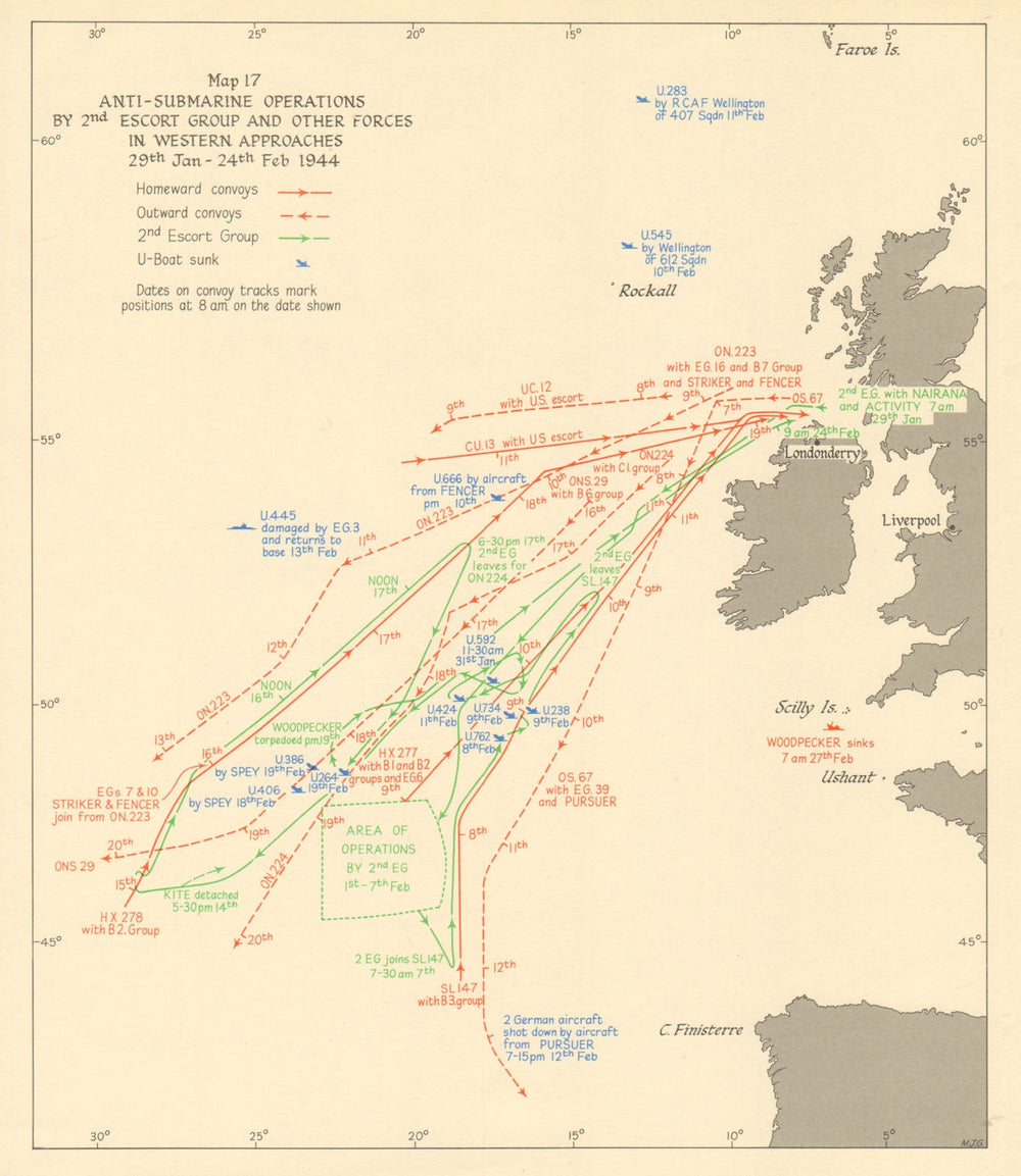 Battle of the Atlantic. Anti-submarine operations. Jan-Feb 1944. WW2 1954 map