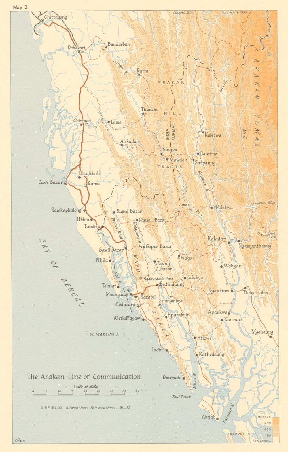 Arakan Line of Communication 1943/44. Burma Mynamar. World War 2 1961 old map