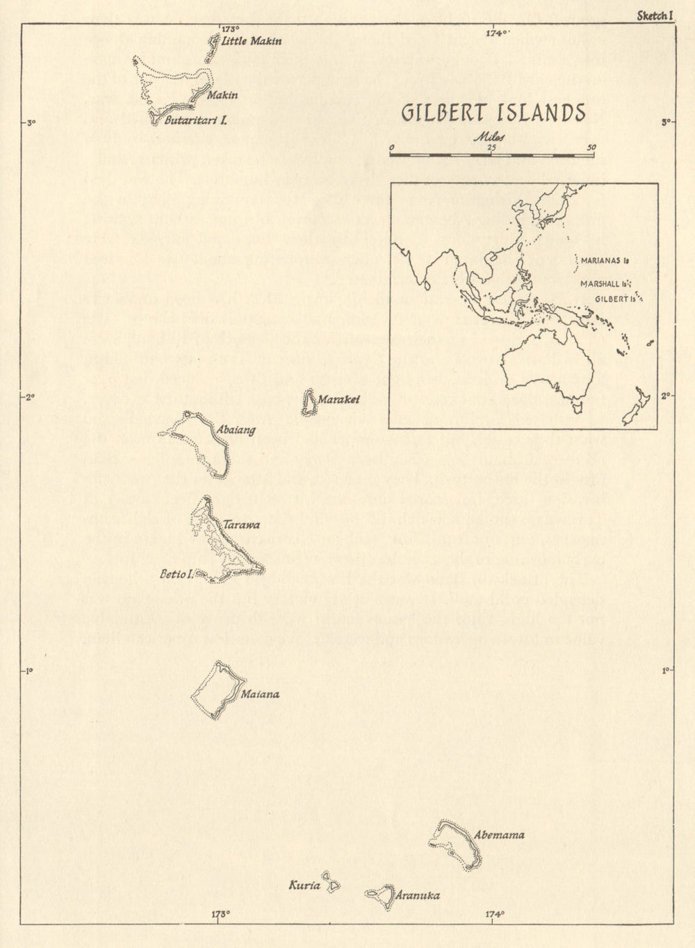 The Gilbert Islands 1943/44. Pacific Ocean. World War 2 1961 old vintage map