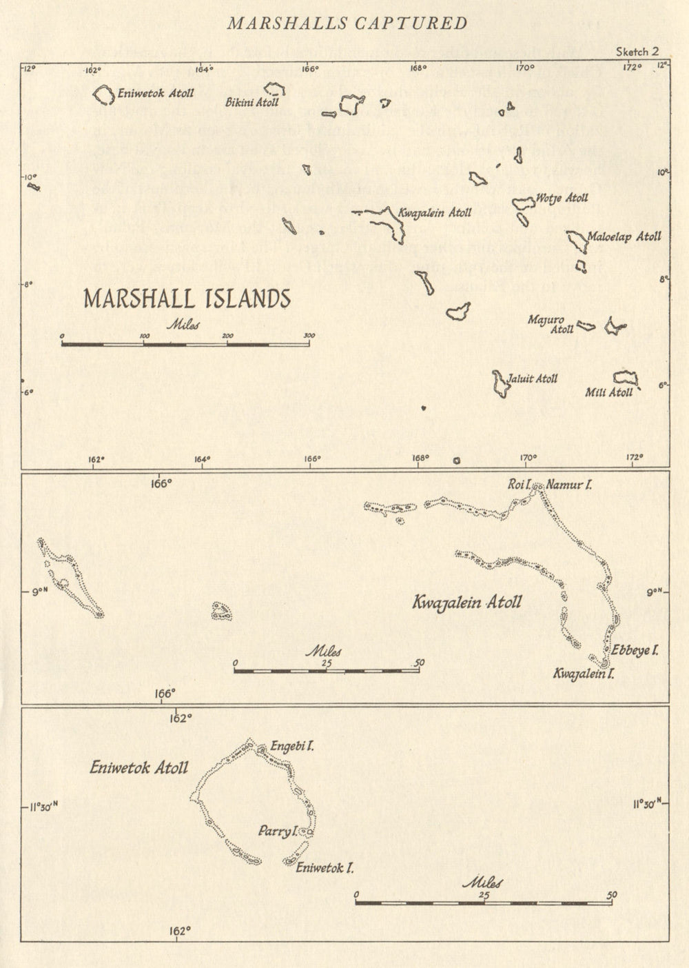 The Marshall Islands 1943/44. Pacific Ocean. World War 2 1961 old vintage map