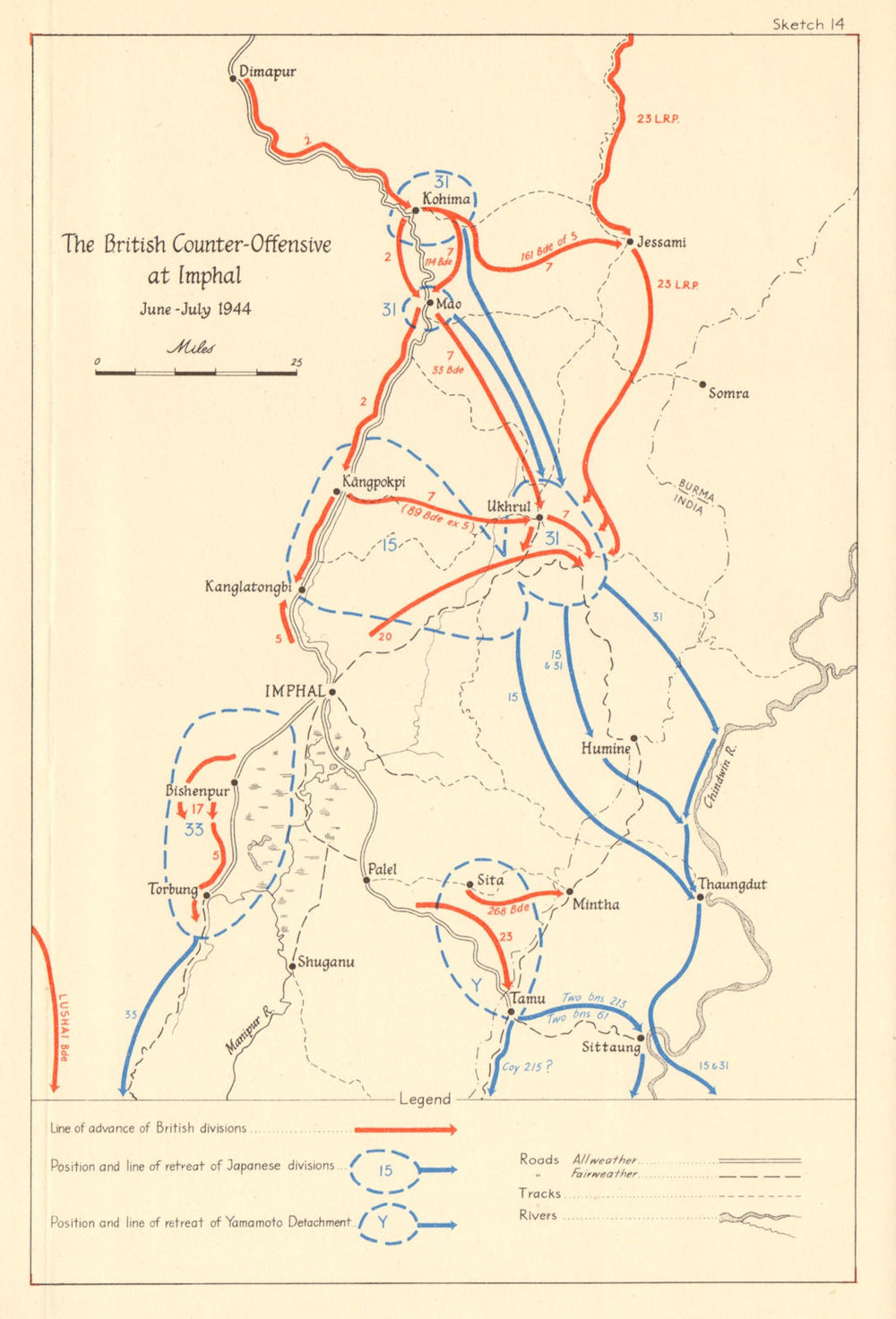 Battle of Imphal British counterattack June-July 1944 Manipur India WW2 1961 map
