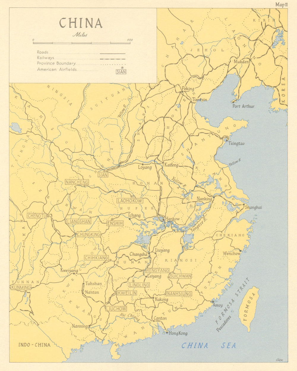 China in 1944 showing American airfields. USAF 1961 old vintage map plan chart