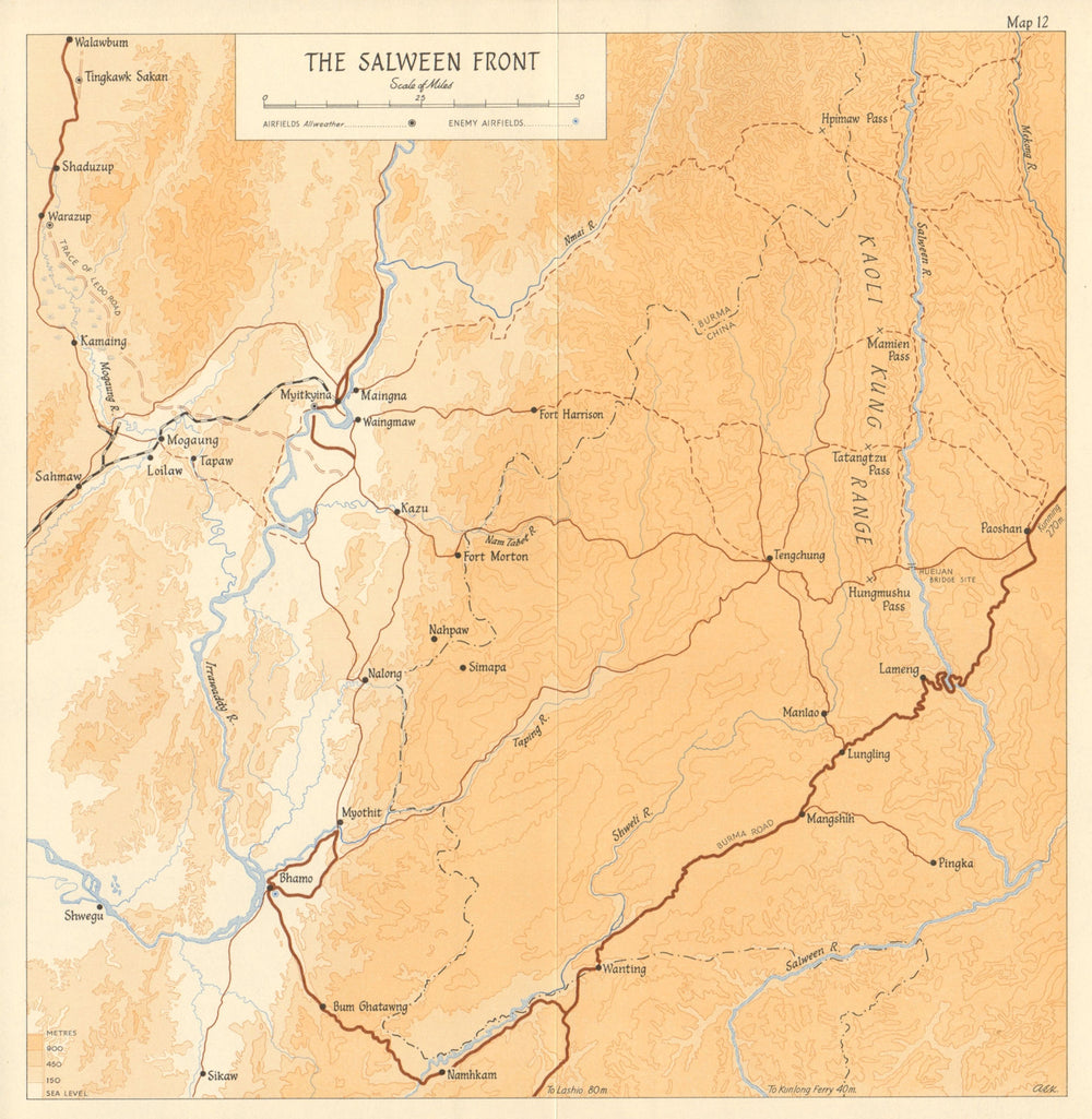 Salween Front 1944 airfields. Burma Campaign. World War 2. Myitkyina 1961 map