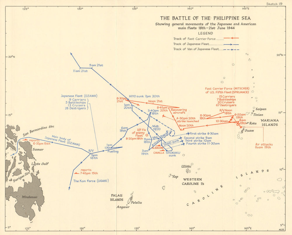 Battle of the Philippine Sea 18-21 June 1944. World War 2 Pacific 1961 old map