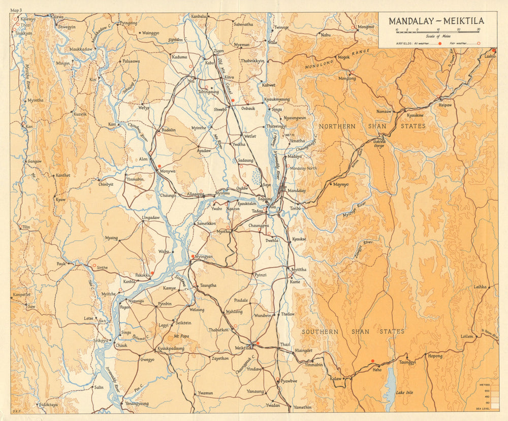 Burma Campaign 1944. Mandalay - Meiktila. Airfields. World War 2 1965 old map