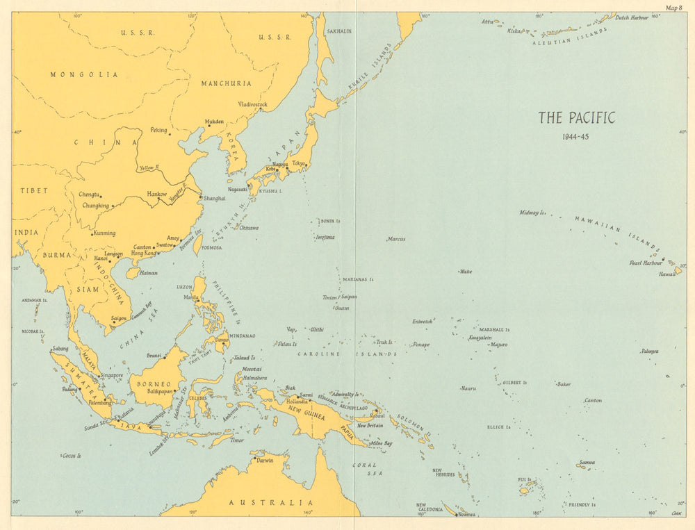 Pacific Ocean theatre 1944/45. World War 2 1965 old vintage map plan chart