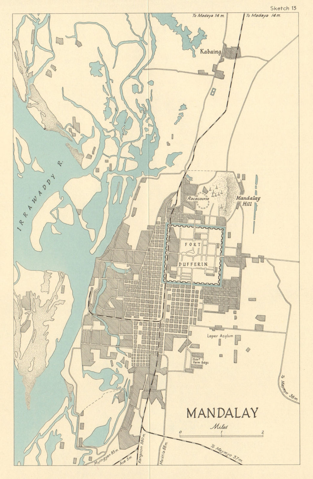 Mandalay town city plan in 1945. Burma Campaign. World War 2 1965 old map