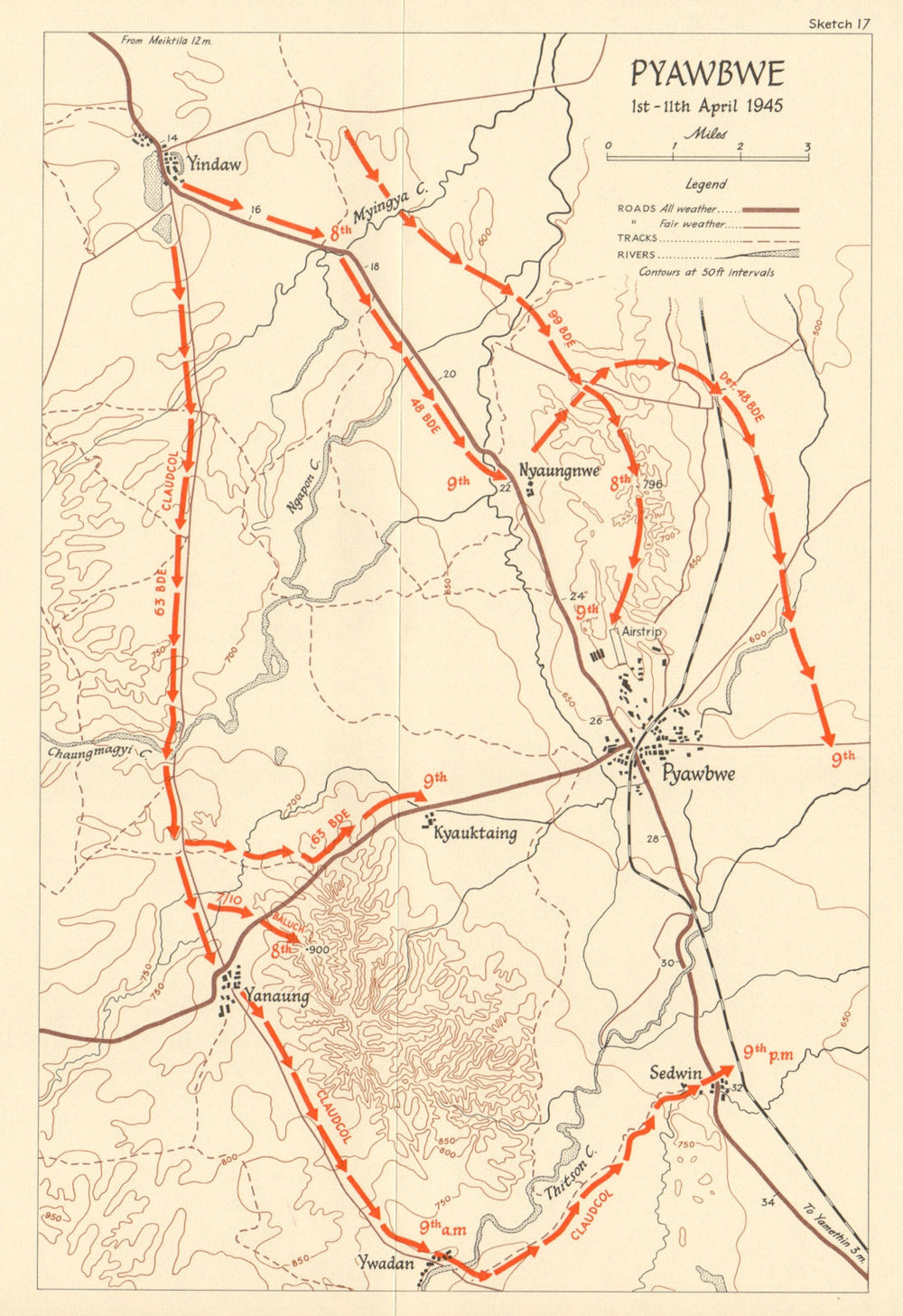 Attack on Pyawbwe 1-11 April 1945. Burma Campaign. World War 2 1965 old map