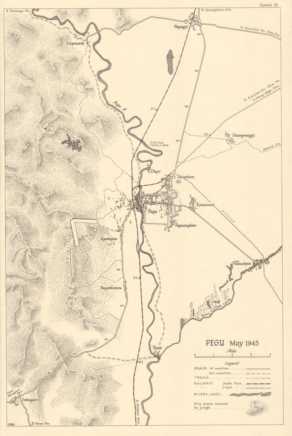 Burma Campaign WW2. Pegu (Bago) & environs, May 1945 1965 old vintage map