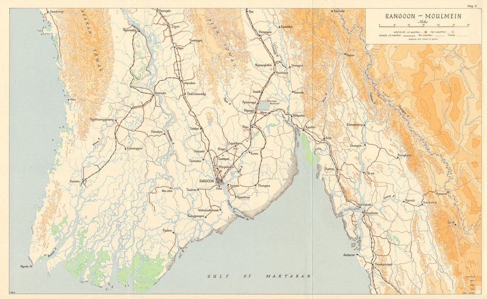 Burma Campaign 1945. World War 2. Rangoon-Moulmein. World War 2 1965 old map