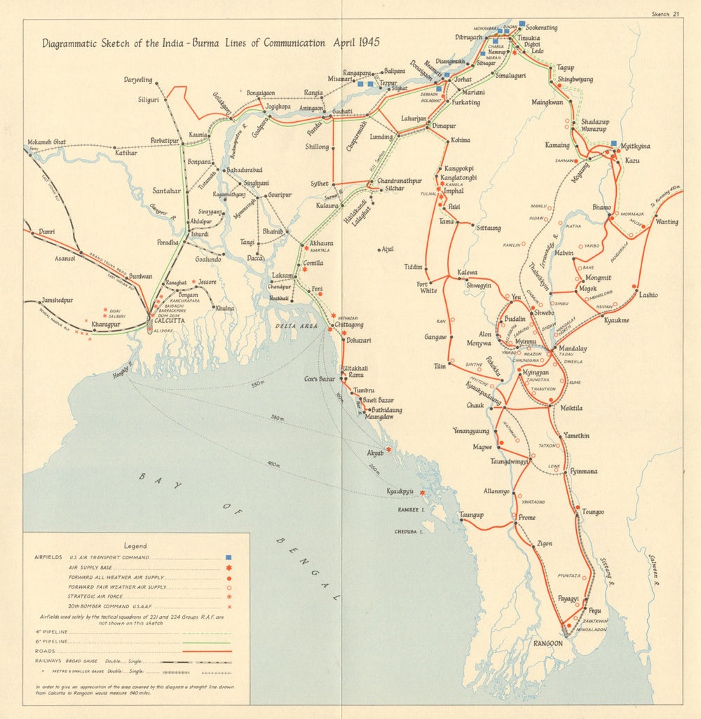 Burma Campaign World War 2. April 1945. NE India-Burma supply lines 1965 map