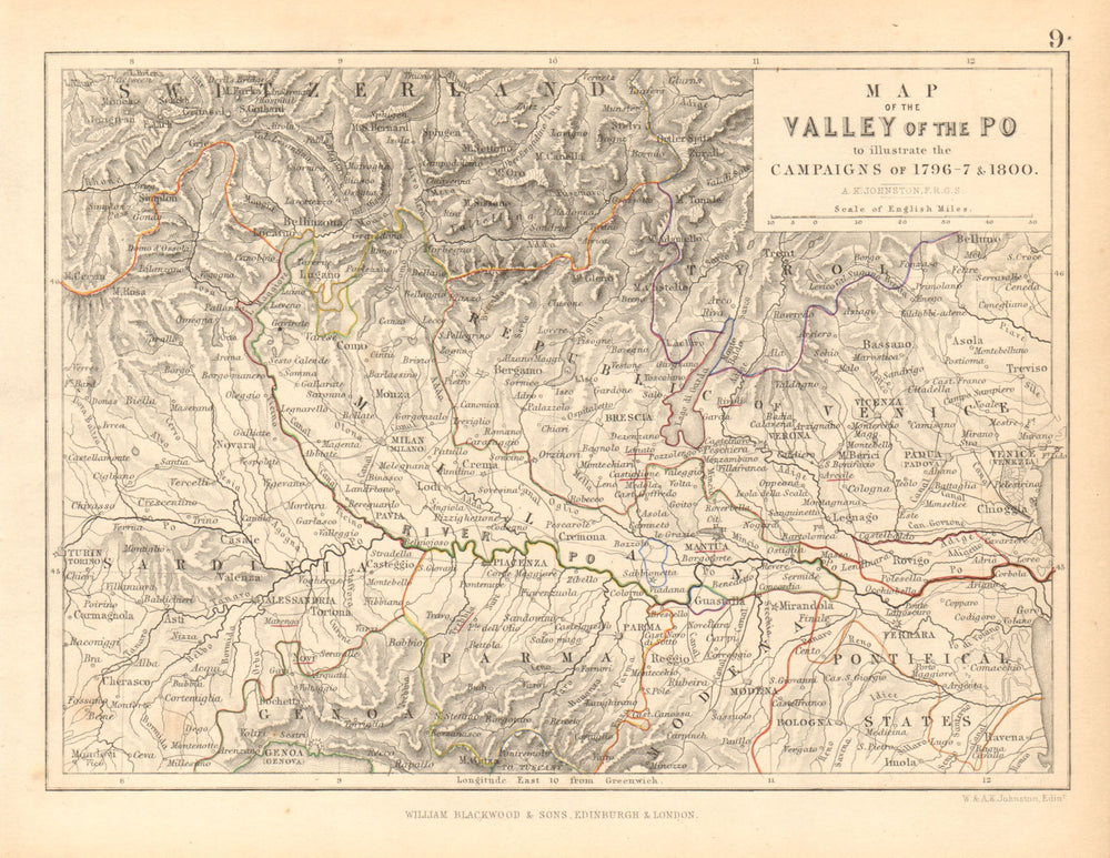 Po Valley to illustrate Napoleonic Campaigns of 1796-7 & 1800 1850 old map