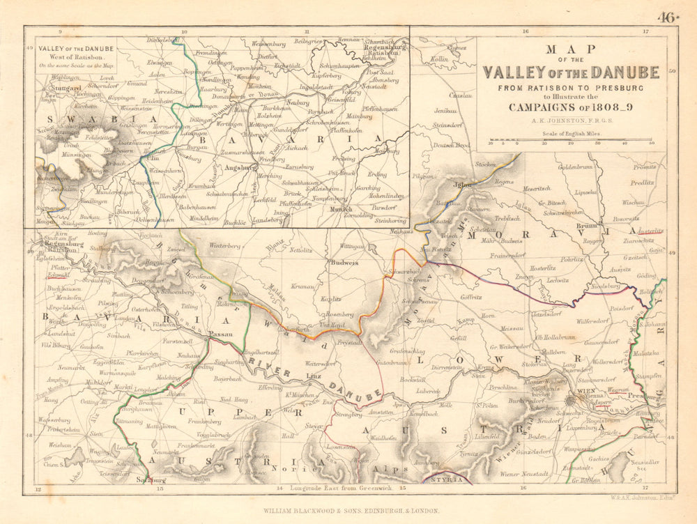 Danube valley. Regensburg-Bratislava. Napoleonic Campaigns of 1808-9 1850 map