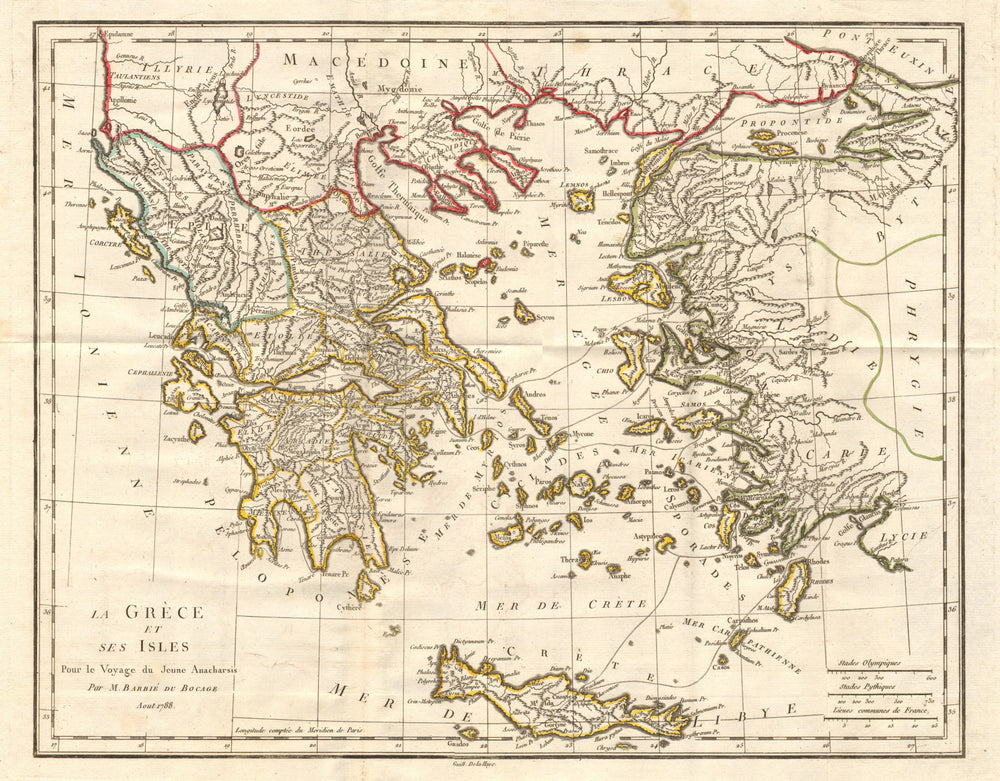 GREECE "La Grèce et ses Isles" Aegean Crete. Coloured. BARBIÉ DU BOCAGE 1790 map