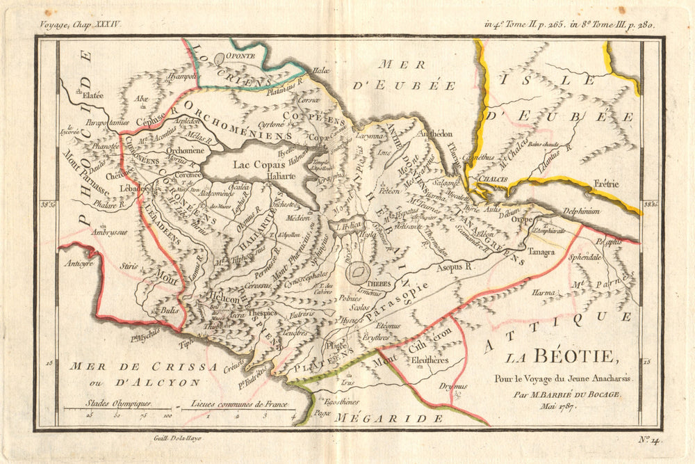 ANCIENT GREECE. Bèotie (Boeotia). Coloured. BARBIÉ DU BOCAGE 1790 old map