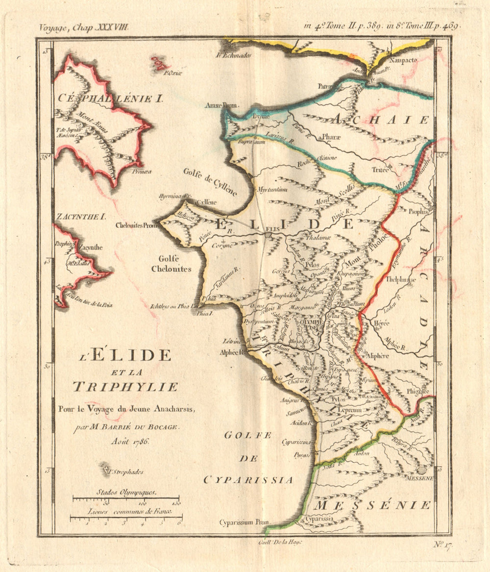 ANCIENT GREECE Ilia Triphylia. Zante Cephalonia Olympia Coloured BOCAGE 1790 map
