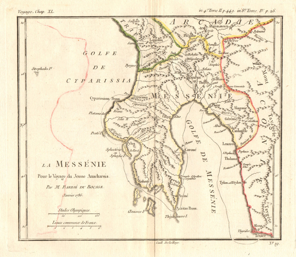 ANCIENT GREECE. Méssénie (Messenia). Coloured. BARBIÉ DU BOCAGE 1790 old map