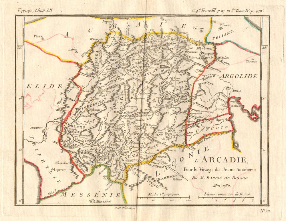 ANCIENT GREECE Arcadie (Arcadia). Antique map. Coloured. BARBIÉ DU BOCAGE 1790