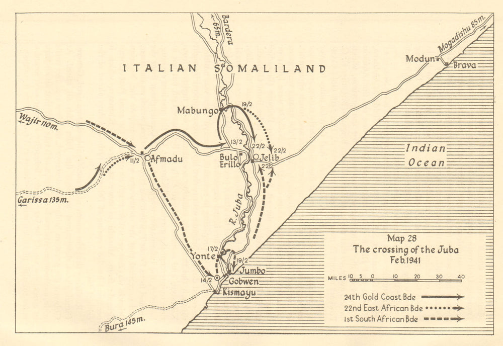 Crossing River Juba Feb 1941 Kismayo Italian Somaliland Somalia. Sketch map 1954