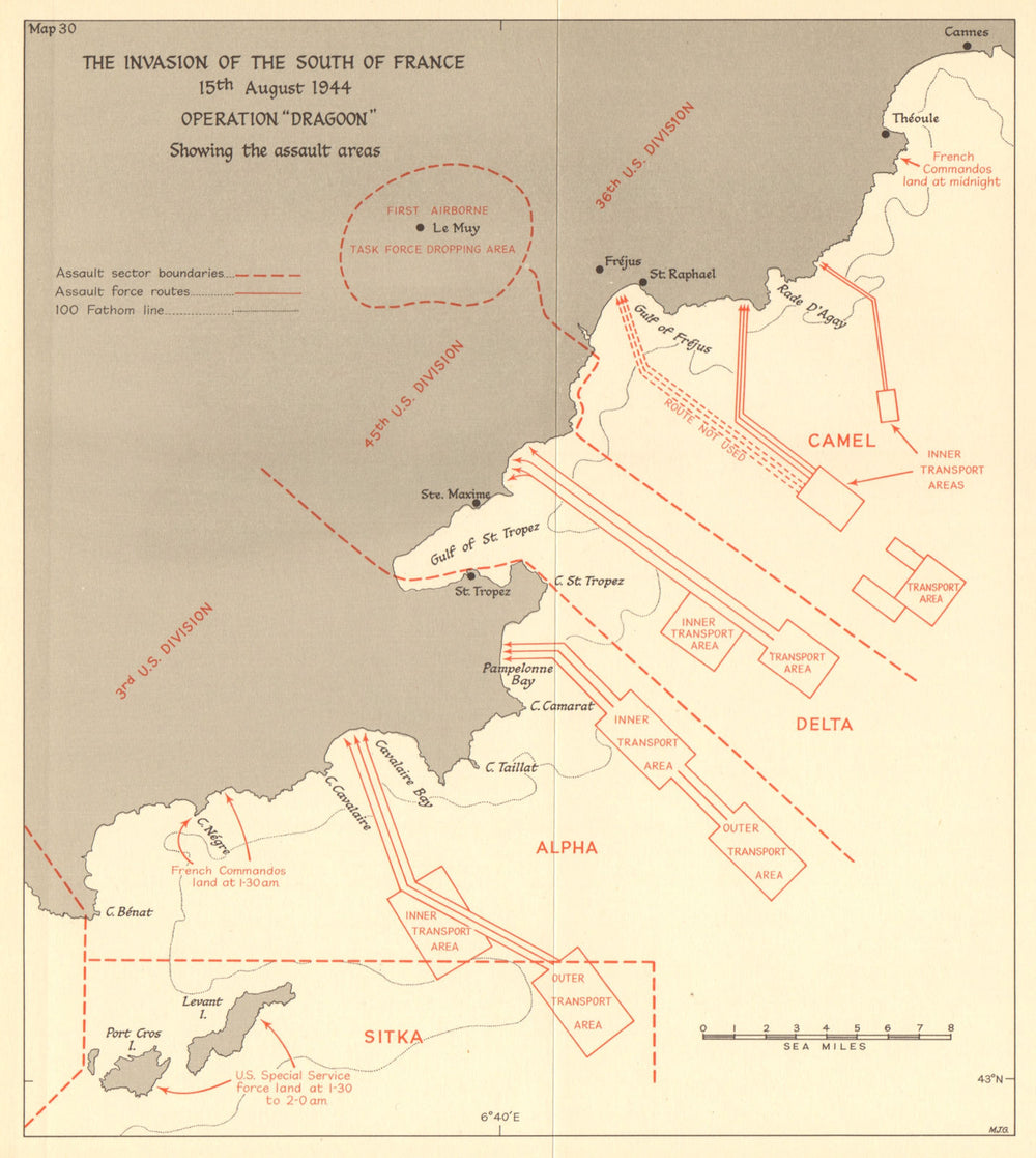 Operation Dragoon August 1944. Invasion of South of France. St Tropez 1961 map