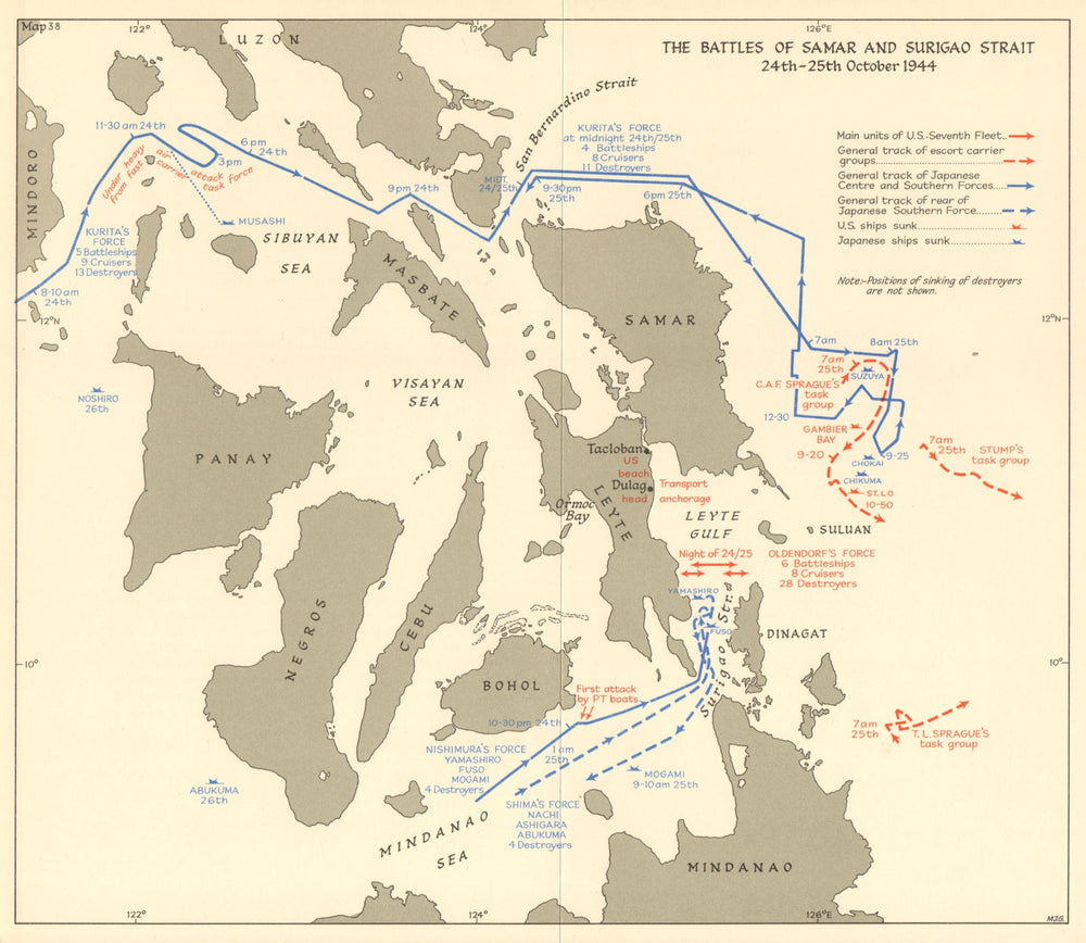 Battles of Leyte Gulf, Samar & Surigao Strait Oct 1944. Philippines WW2 1961 map
